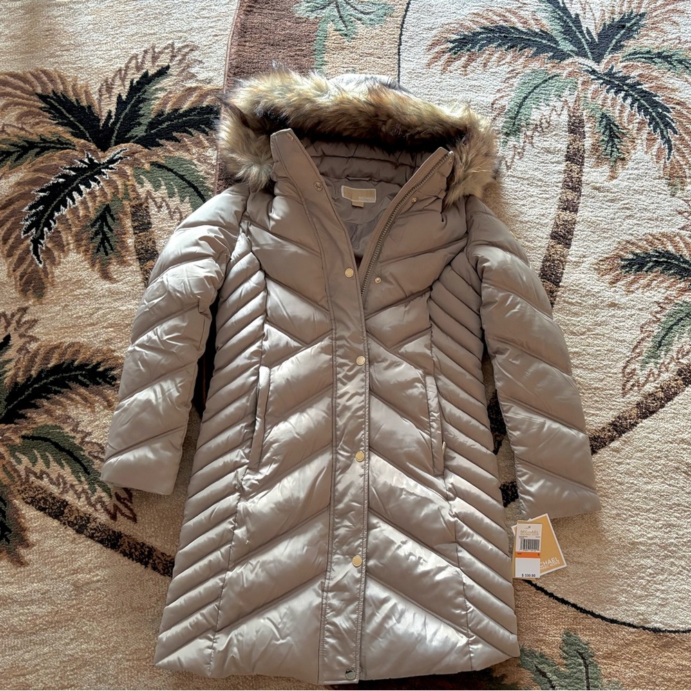 Michael Kors Taupe Maxi Long Fur MK Winter Puffer Snow Jacket Coat M XL NWT $330
